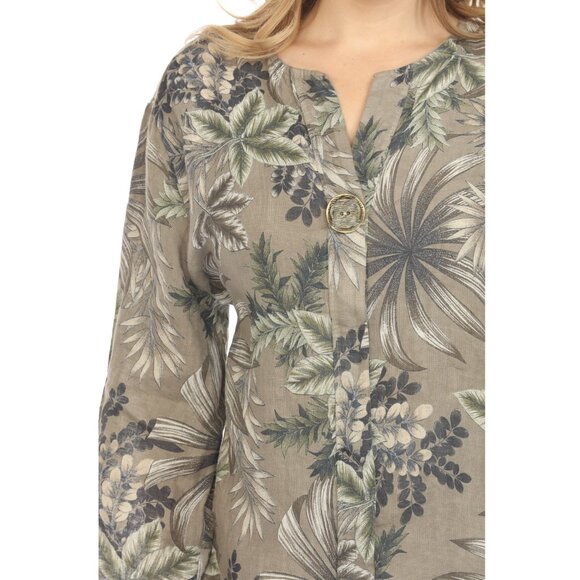 Taupe Leaf Print V-Neck Button Top - Picture 3 of 7
